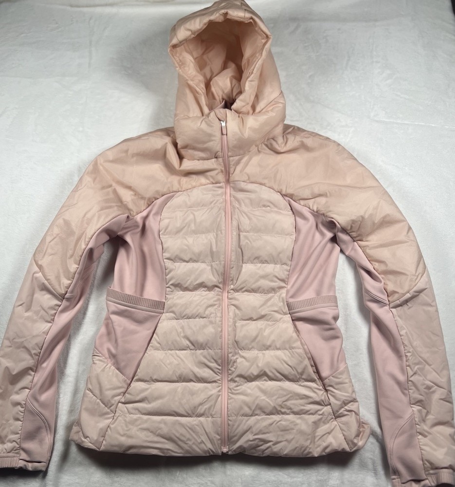 Lulemon Down For It All Hooded Puffer Jacket Size 12 in Porcelain Pink
