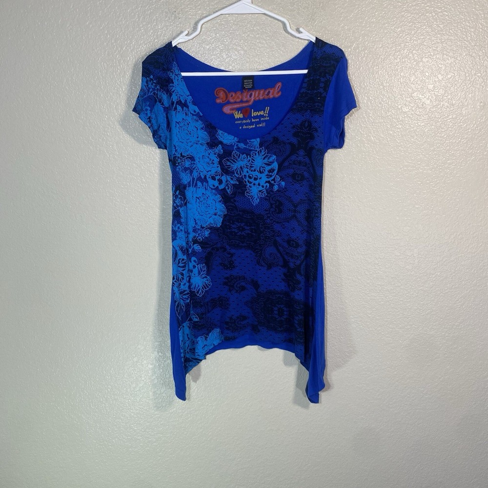 Desigual Women High Low Tunic Top Size S Abstract Blue Boho Graphic Asymetrical-image