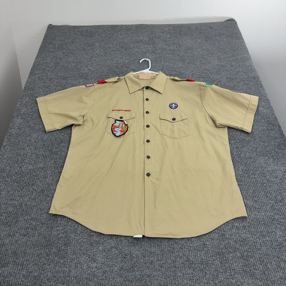 Boy Scouts of America Shirt Mens 2XL Tan Poly Cotton Shu-Shu-Gah Patch Uniform