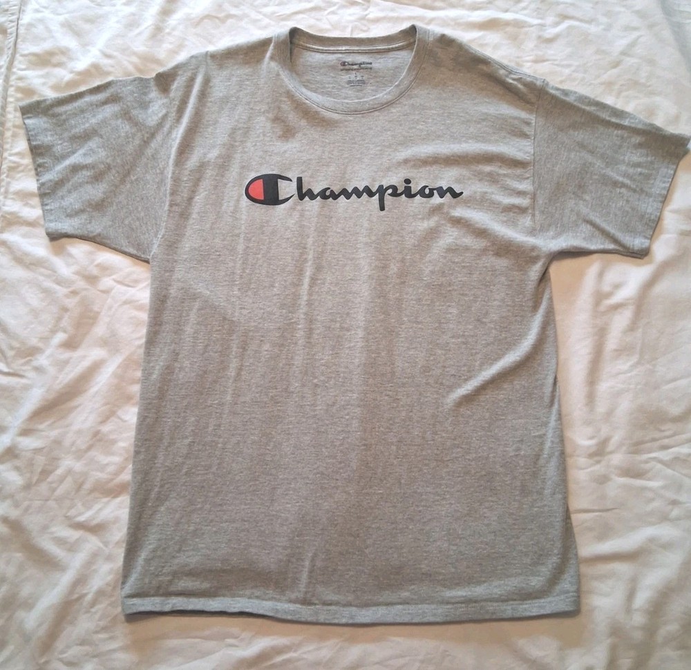 Champion Men’s Graphic T-Shirt Gray Short Sleeve Script Logo Size L Large...