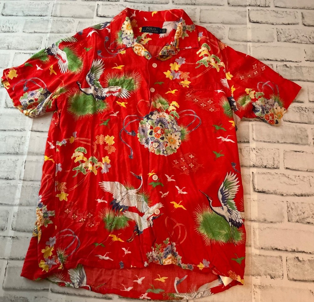 Polo Ralph Lauren Andy Camp Shirt Men's Medium Japanese Crane Flower Hawaiian