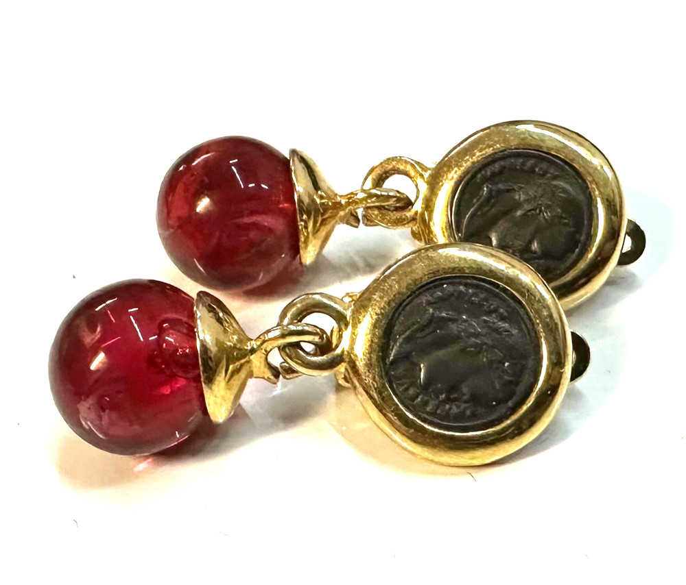Vtg Roman Coin Red Bead Drop Gold Tone Clip-on Earrings Jewelry Lot I