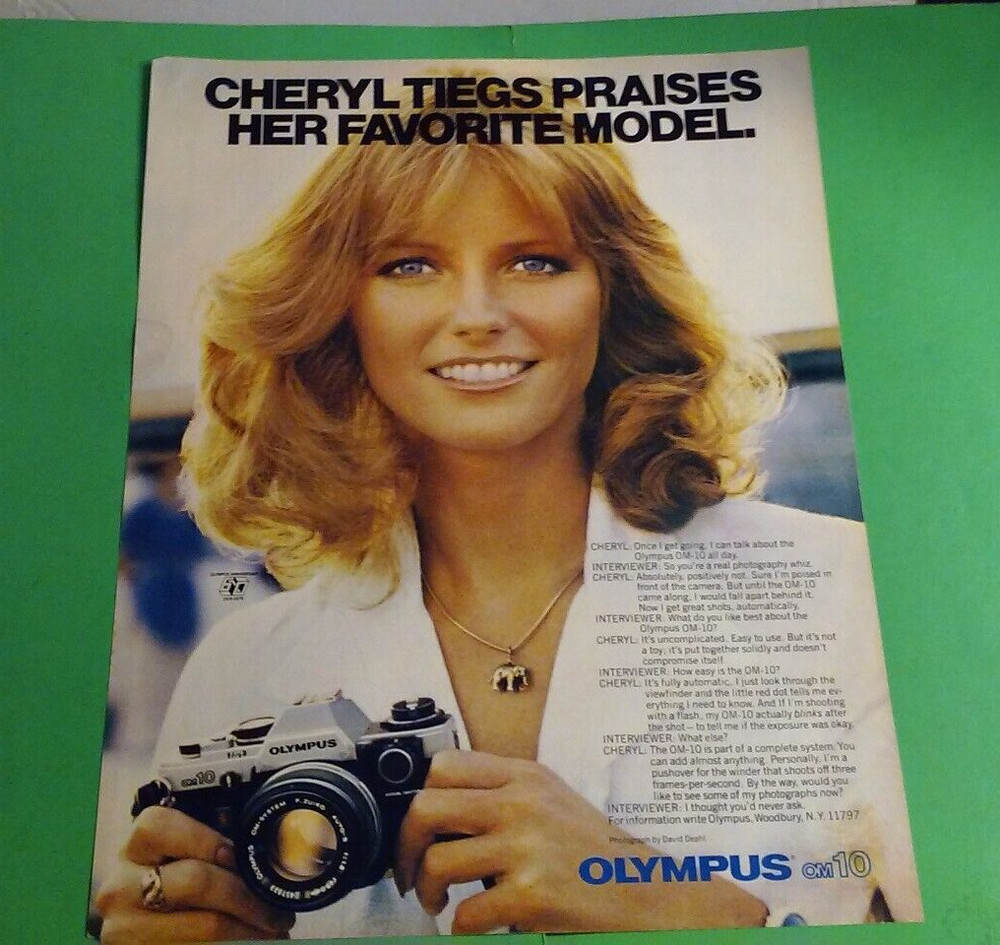 1980 Olympus OM-10 Camera PRINT AD Cheryl Tiegs Praises Her Favorite Model
