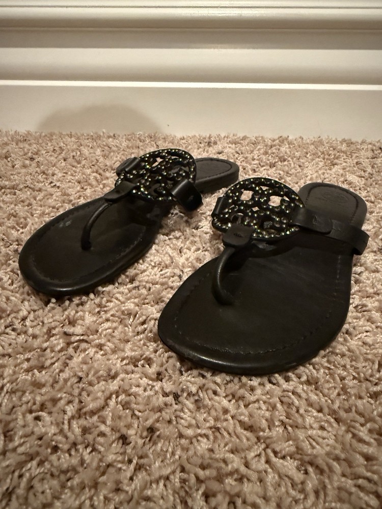 Tory Burch Black Miller Leather Thong Sandals Size 7.5