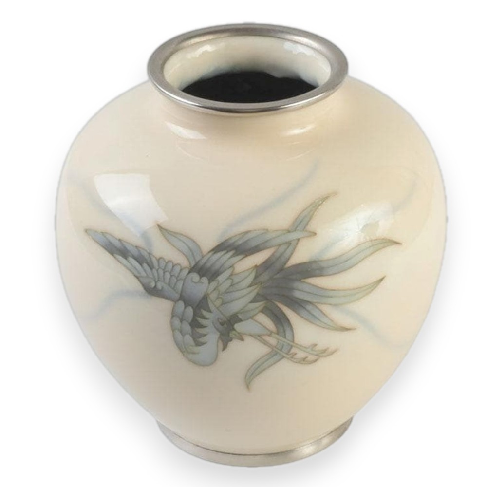 Japanese Cloisonne Vase Vintage Enamel Metal Jar Vessel Phoenix Decorative 6.3in