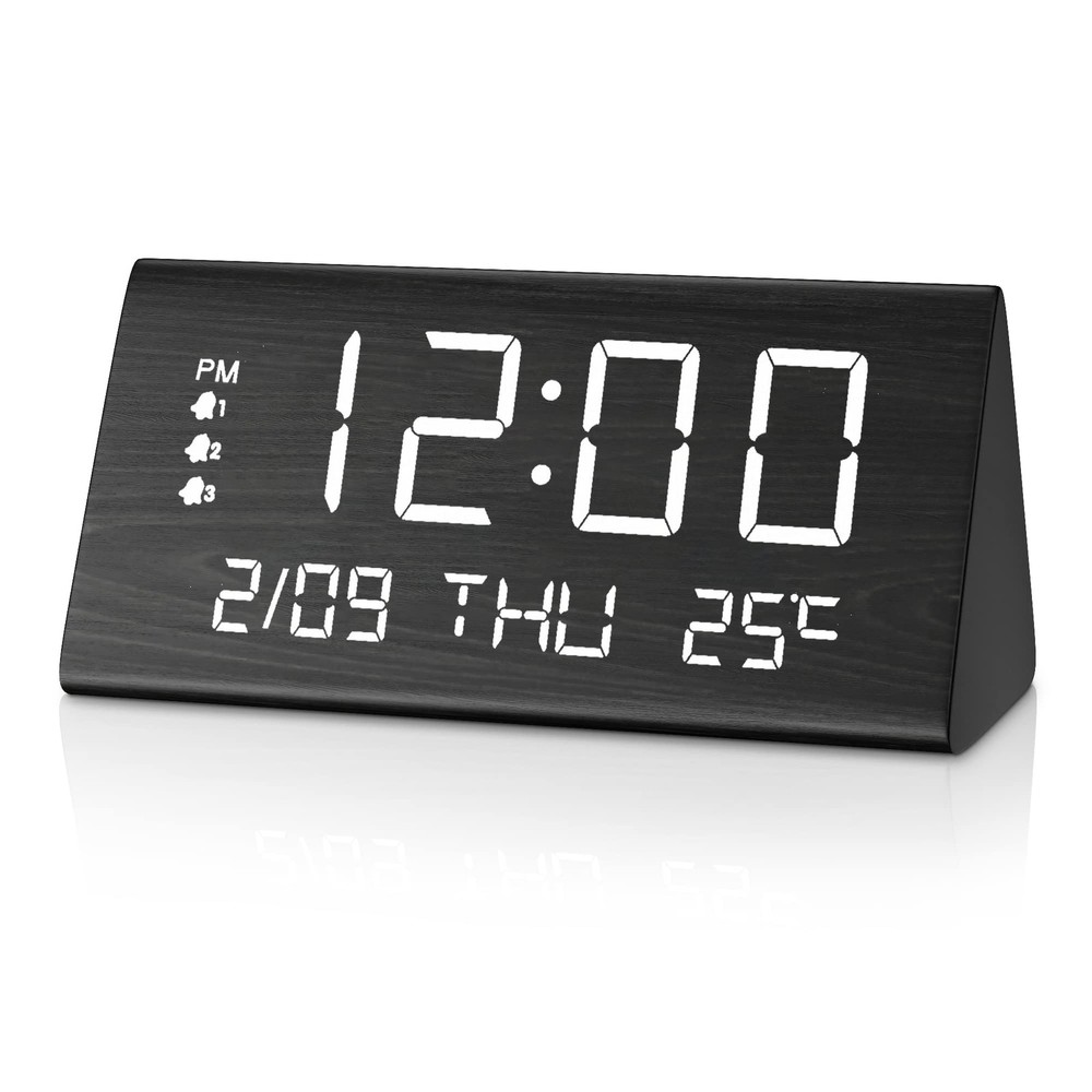 Digital Alarm Clock, with Wooden Electronic LED Time Display, 3 Alarm Setting...