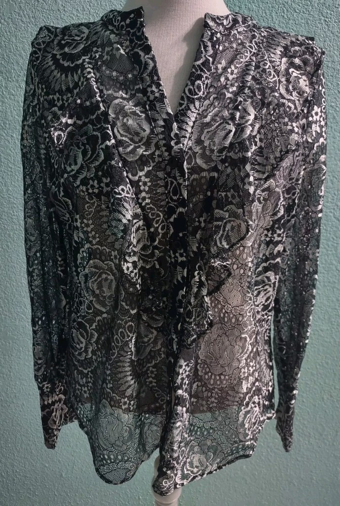 New York & Company Black Silver Lace Button Down Blouse Sz M Ruffle Front