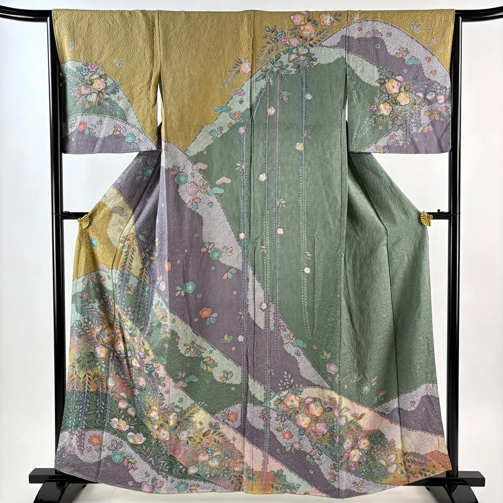 Yellow Silk Homongi Kimono M Used Flower Pattern 159cm Sleeve Length 65cm