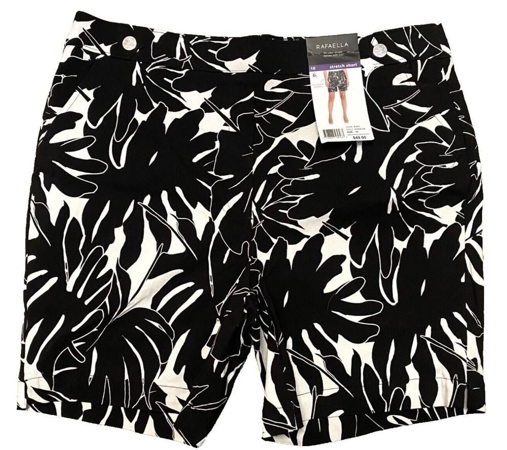 NWT RAFAELLA Women's Size 16 Tropical Stretch Pull On Shorts Black White Pockets