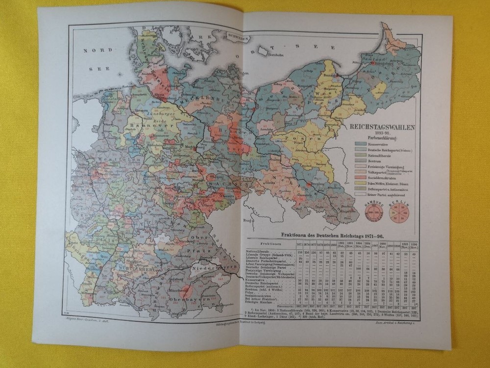 1896 Elections In The German Empire Vintage Geography Map ORIG 11.5 x 9.5 C19-5