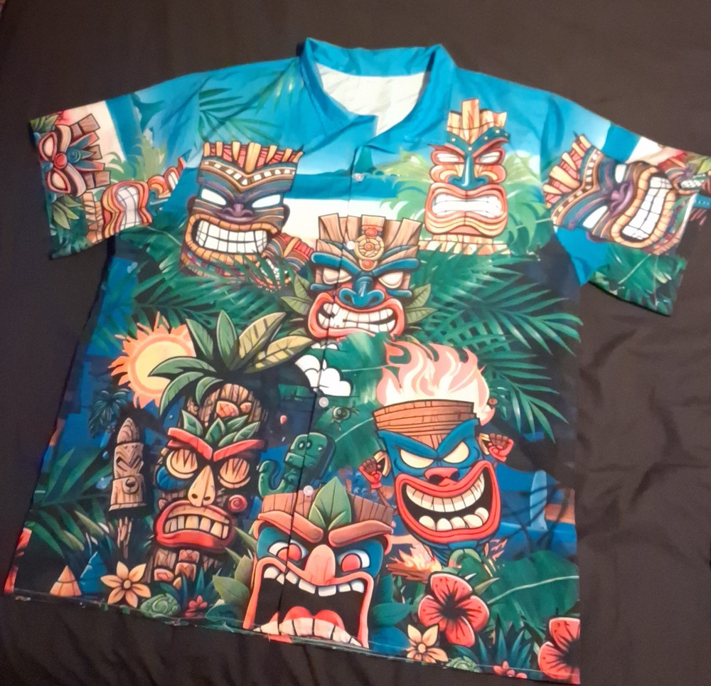 Men's Hawaiian Graphic Print Button-Up Shirt, Short Sleeve, 2XL, Multicolor