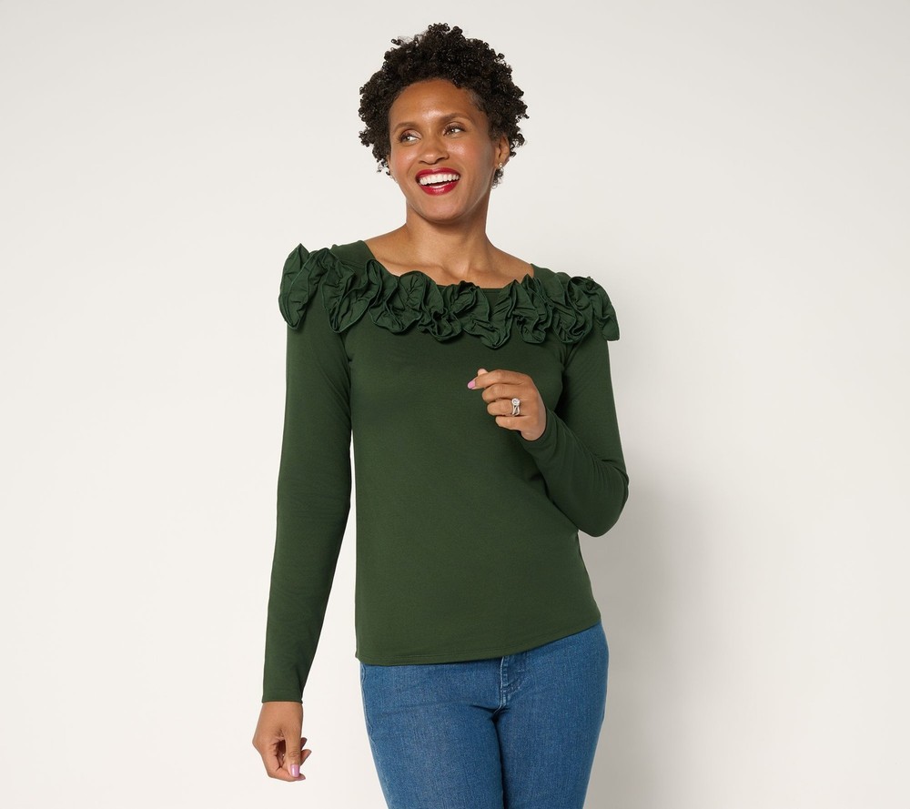 BEAUTIFUL by Lawrence Zarian Women's Top Sz M Silky Ponte Rosette Green A630468