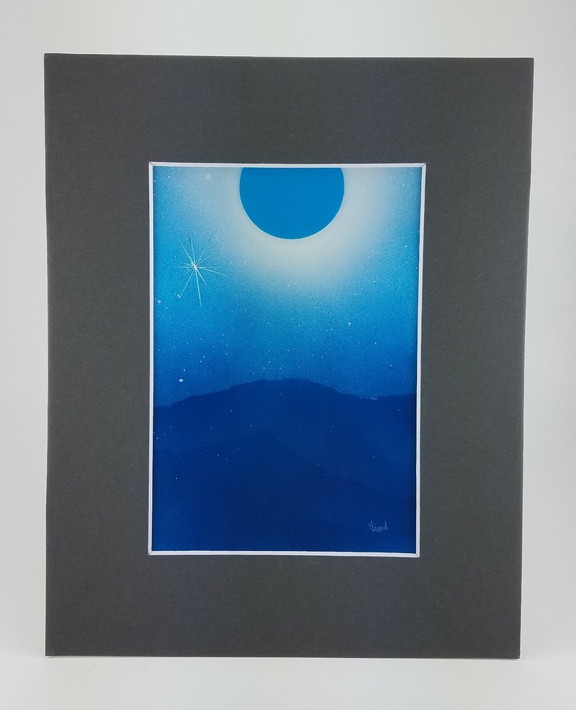 Landscape painting with moon in blue color by artist Jason Girard with gray mat.