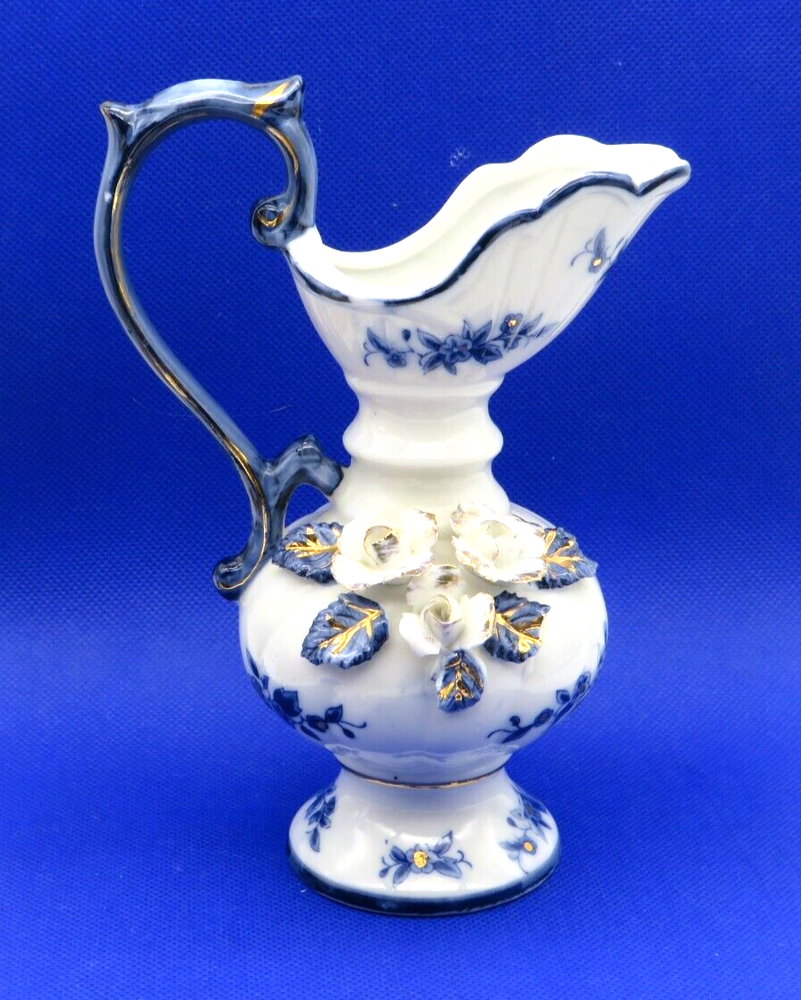 Lego Gold Trim Porcelain Pitcher Cobalt Blue White 3D Floral Design Fine China Ewer