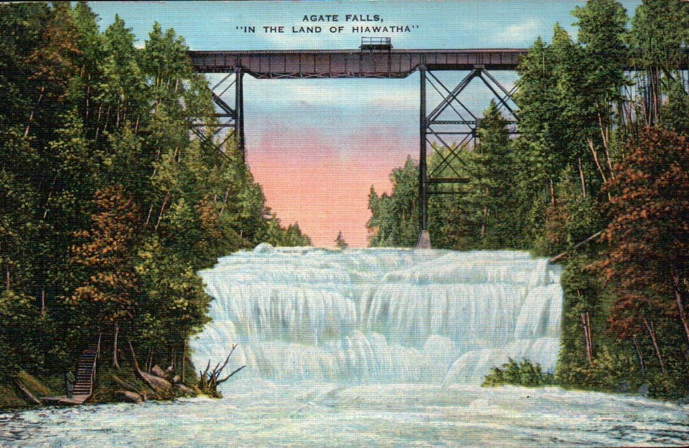 Agate Falls Land Hiawatha Michigan Waterfall Old Standard Vintage Linen Postcard