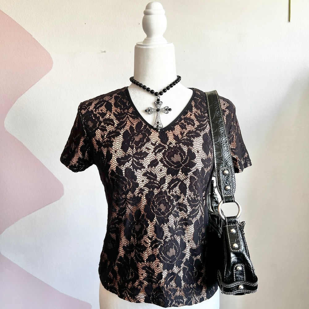 Vintage Black Lace Top, Y2K Gothic Whimsigoth Grunge Indie Sleaze Medium