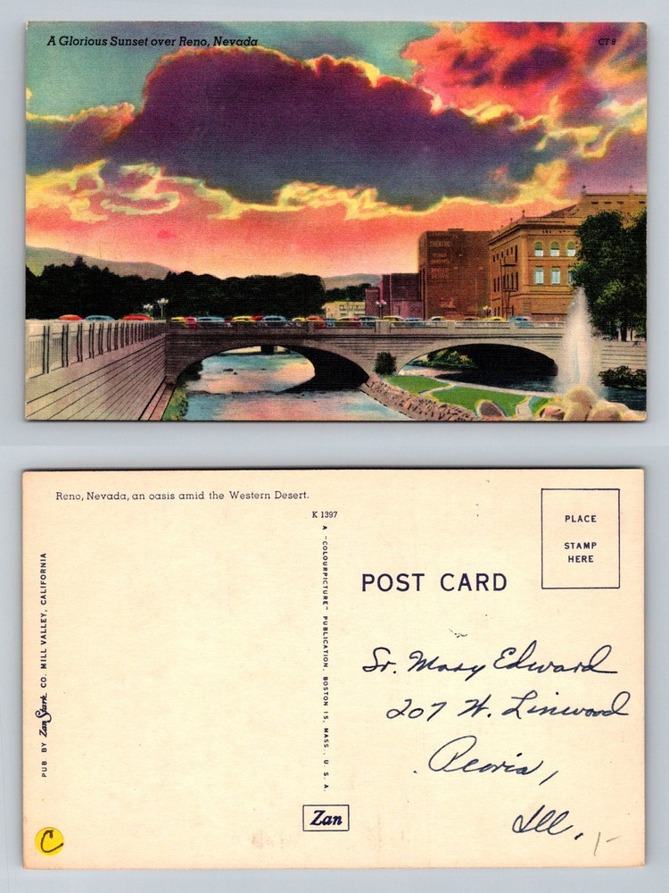 Reno, NV-Nevada, Glorious Sunset River Bridge Skyline Vintage Postcard
