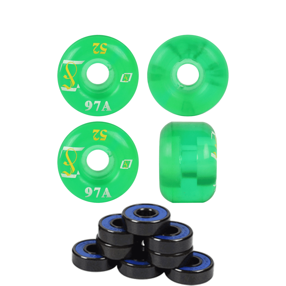 Printed Skateboard Wheels Soft Gel 97A Clear Green 52mm x 36mm + Abec 7 Bearings