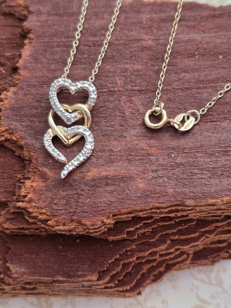 Vintage CZ Triple Heart Pendant On Sterling Silver Chain Necklace 18