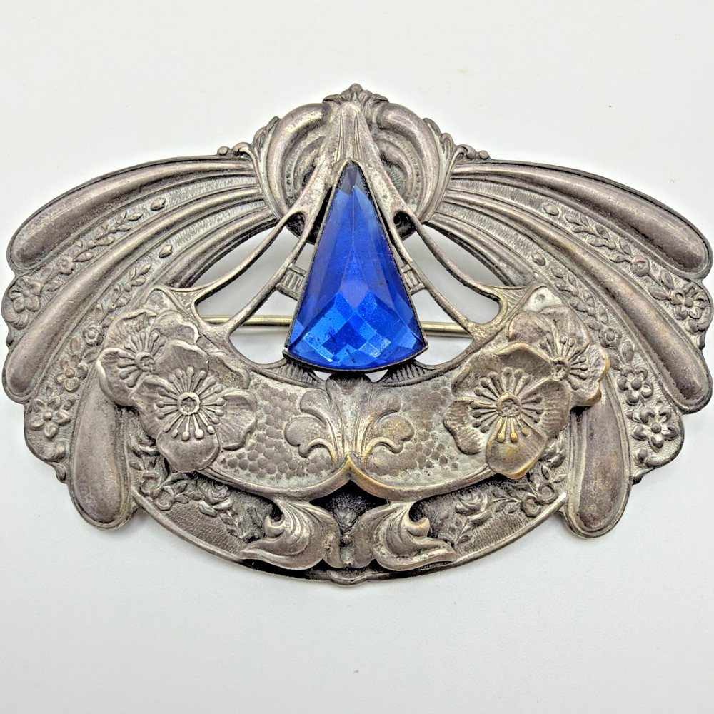 Antique Art Nouveau Sash Pin Blue Glass Silver Plated Over Brass