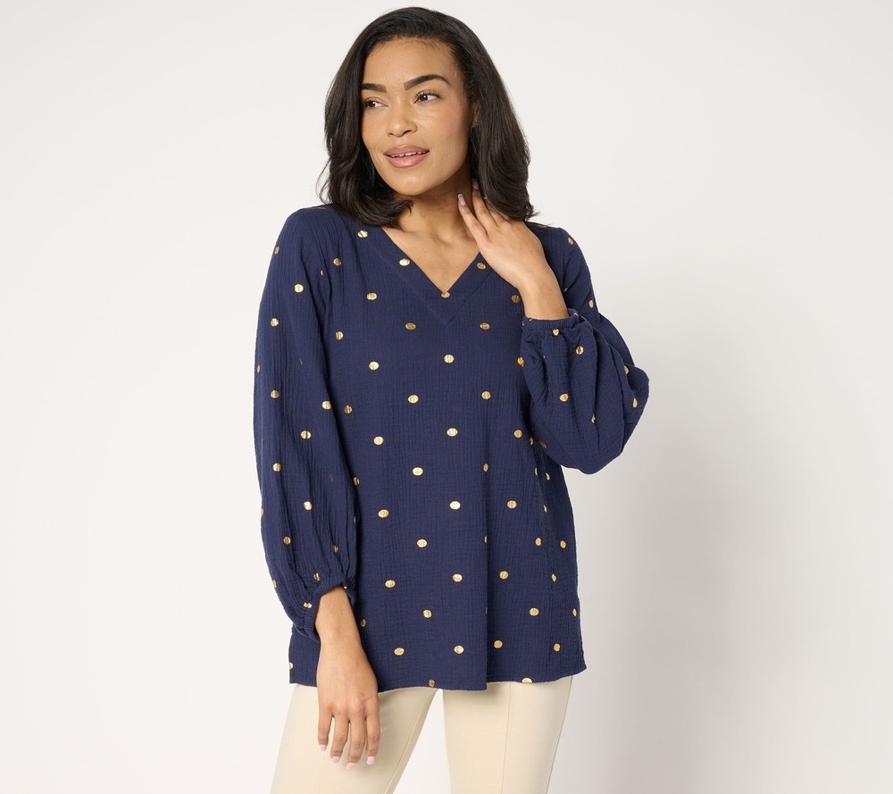 Belle by Kim Gravel Women's Top Sz S Beach Club 100% Cotton Gauze Blue A686035