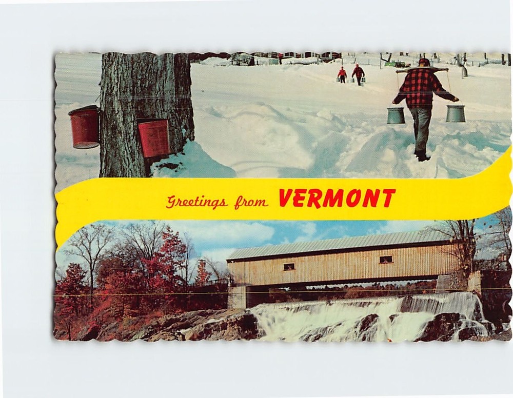 Postcard Maple Sugar Time and Covered Bridge in Vermont USA