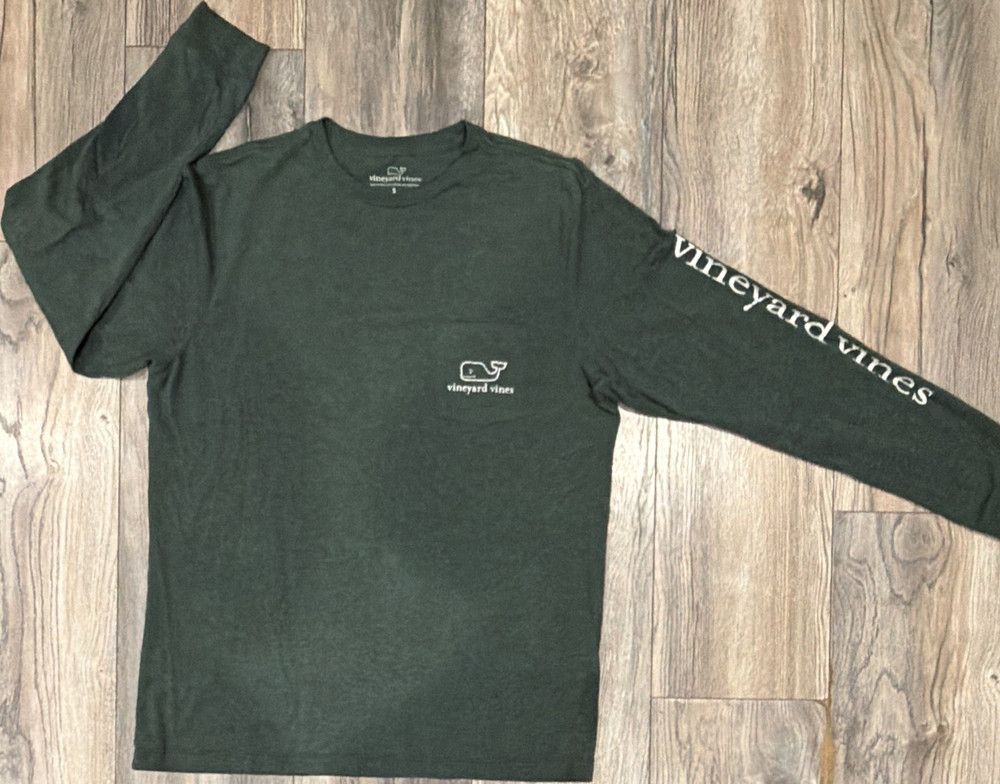 Vineyard Vines Men's S Dark Green Long Sleeve Crew Cotton Logo T-Shirt