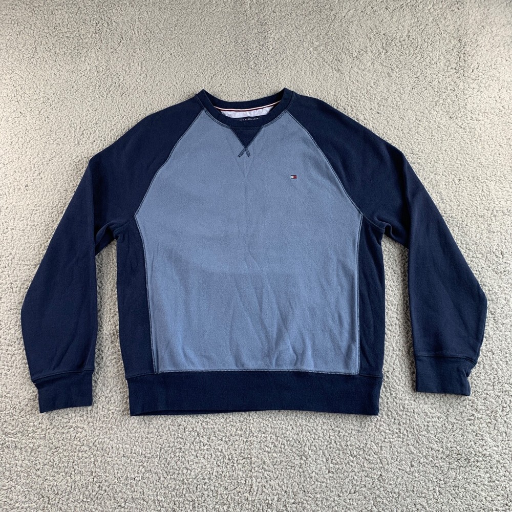 NEW Tommy Hilfiger Sweater Mens Large Blue Pullover Crew Colorblock Flag Logo