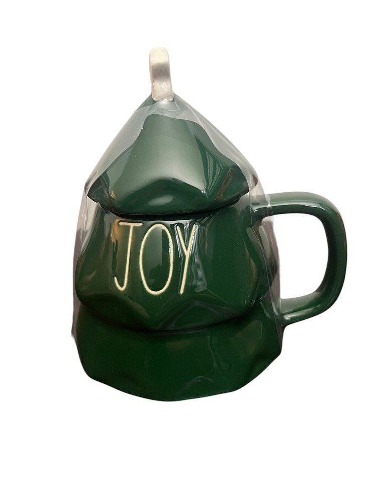 Rae Dunn Joy Green Christmas Tree Ceramic Mug With White Star Lid Topper 6”