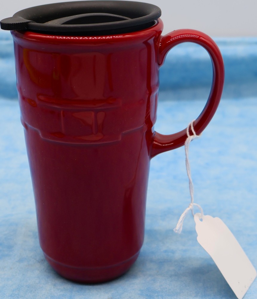 Longaberger Vitrified Pottery Woven Traditions Paprika Red Travel Mug w Lid