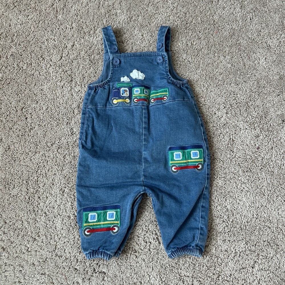 Baby Boden Boys Train Appliqué Denim Overalls 3-6 Months
