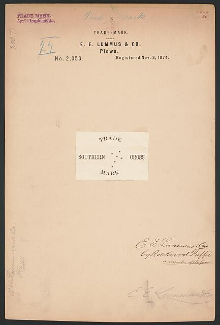 E E Lummus Co Southern Cross Plows Trade Mark 1874 Trademark Registration