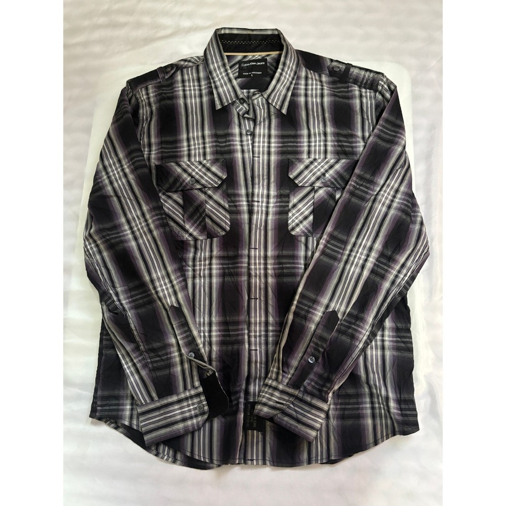 Calvin Klein Jeans Mens Large Purple Plaid Long Sleeve Button Down Utility Shirt