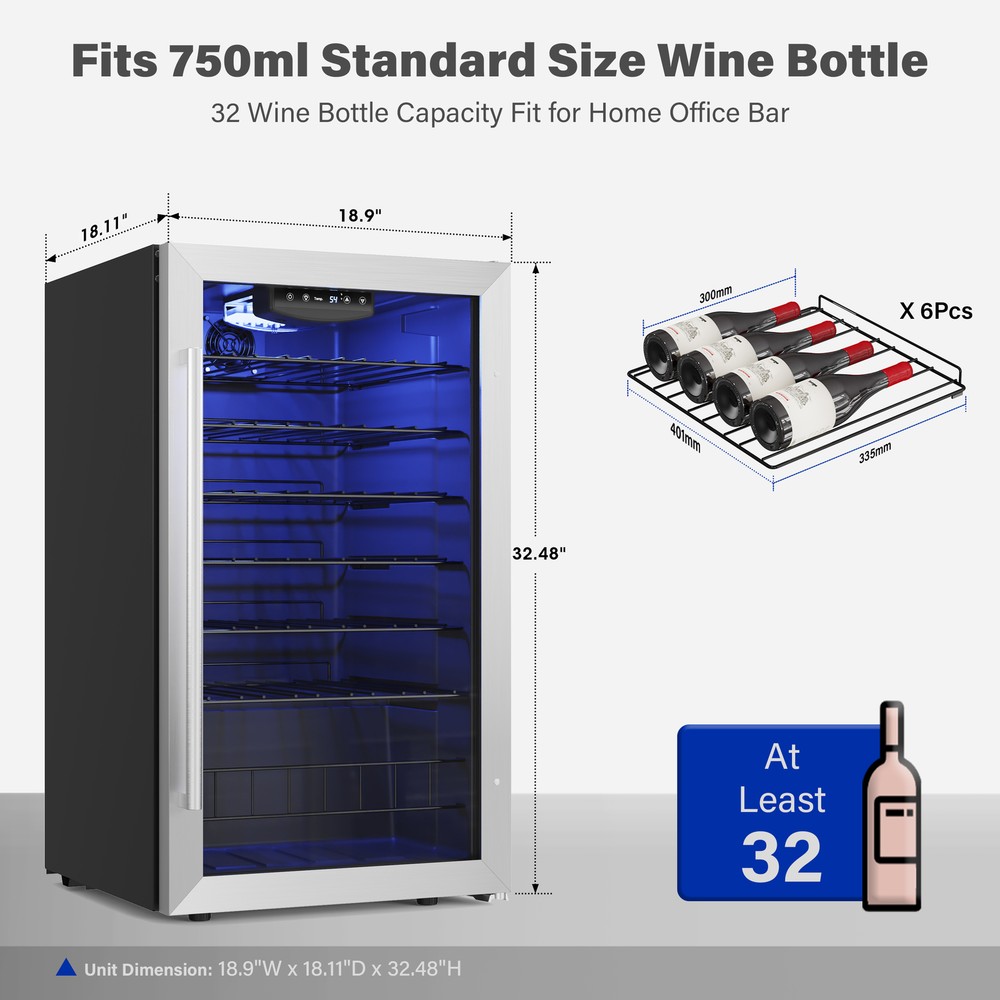 Yeego 95L Freestanding 32-Bottle Wine Cooler with Glass Door & Adjustable Shelves