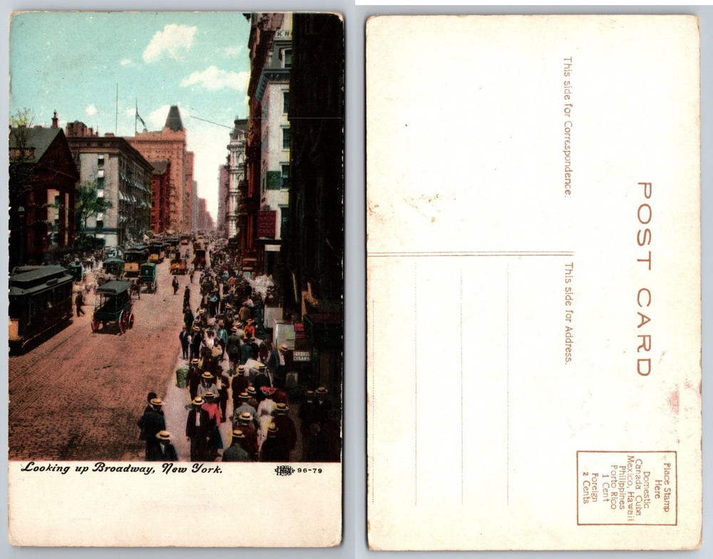 Looking Up Broadway Crowds Trolleys Early Street Scene New York NY Postcard