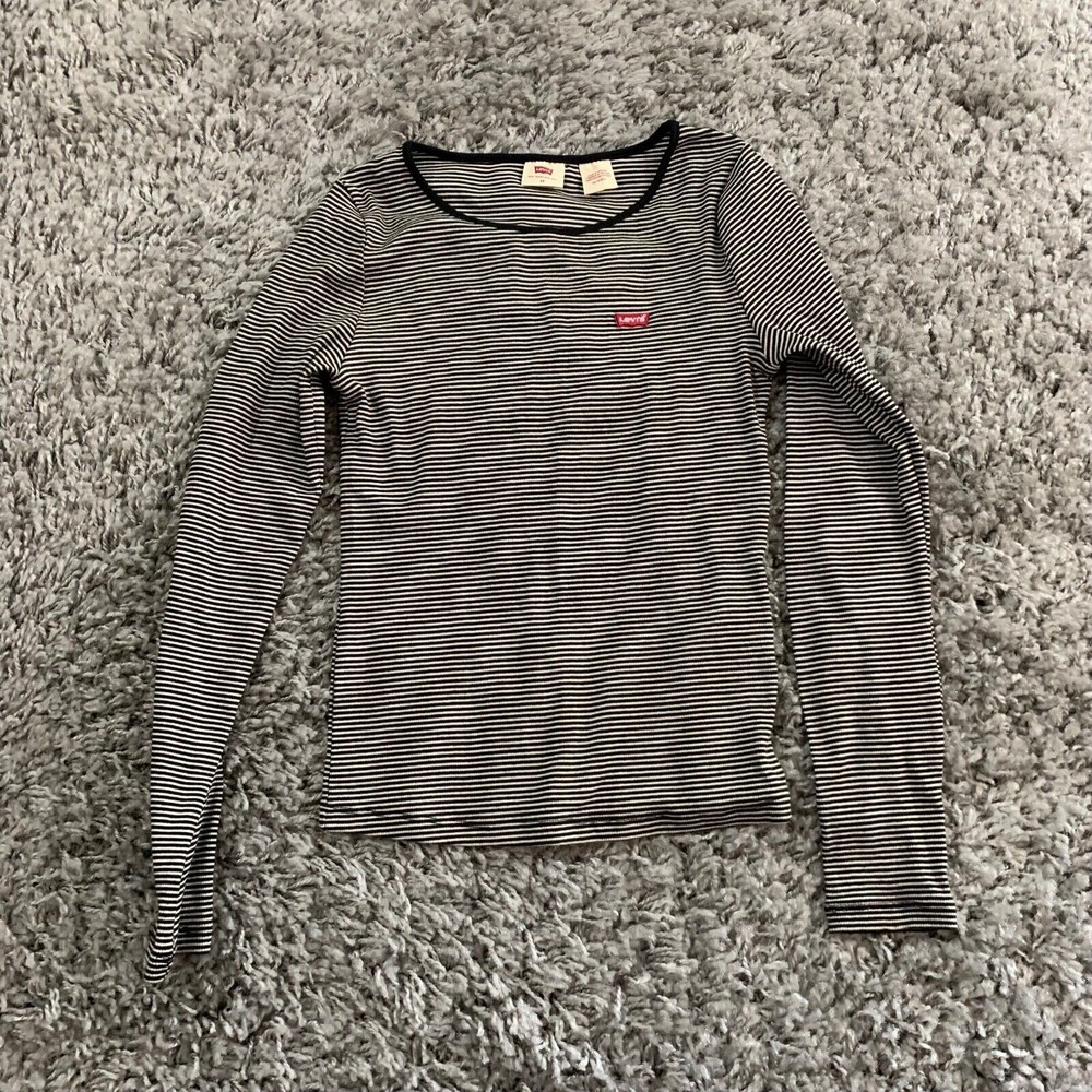 Levis Shirt Womens XS Extra Small White Black Stripes Logo Spelled Out Pullover