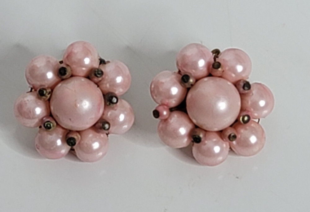 Vintage Faux Pearl Pink Beaded Cluster Clip On Earrings Signed Japan Jewelry
