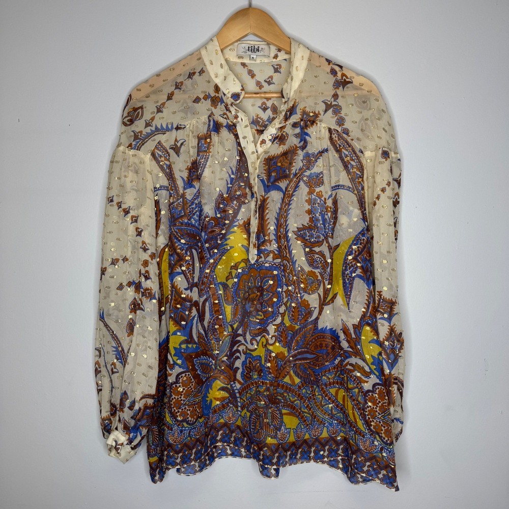 Tibi New York Silk Lurex Paisley Balloon Sleeve Blouse Gold Metallic Cream Sz 6