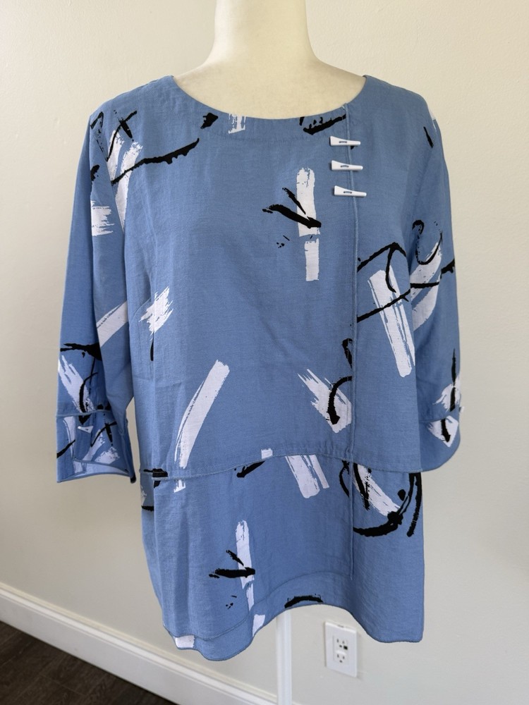 ALI MILES Women’s Petite 3/4 Sleeve Sky Blue Rayon Slit Blouse Top Sz PXL