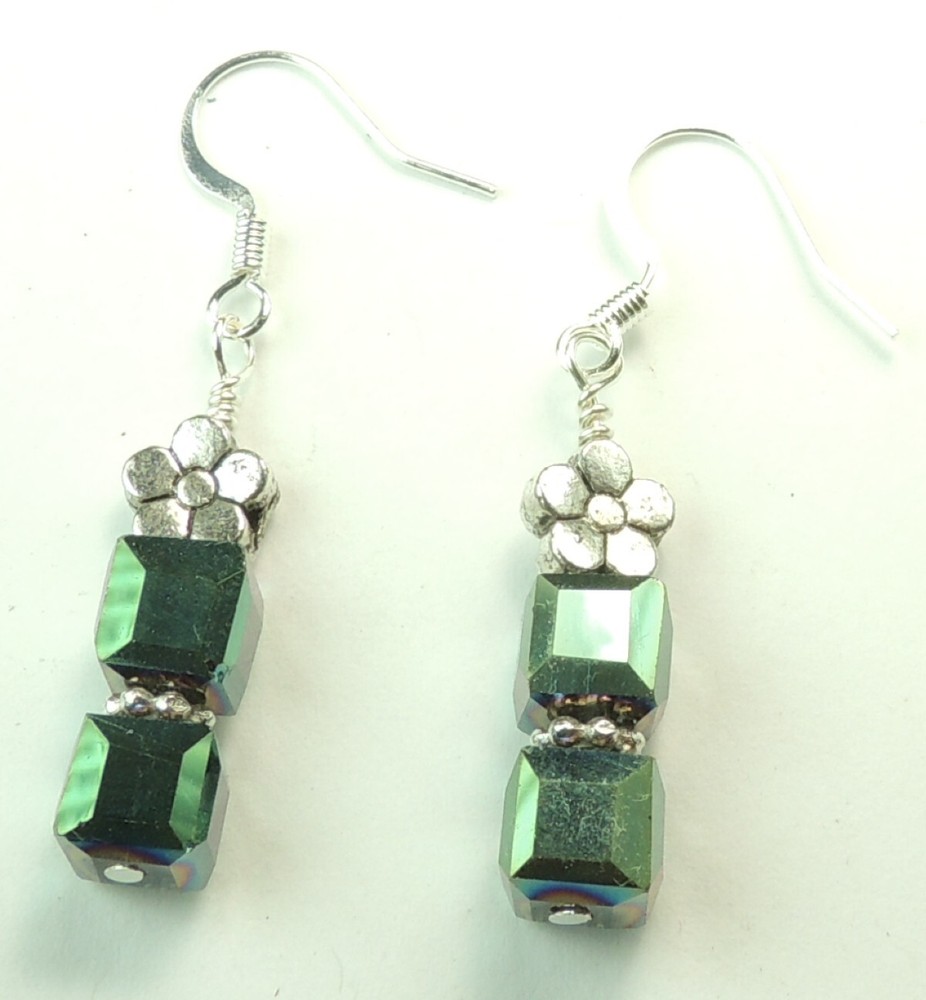 Green Cube Crystal Earrings with Flower Handmade Jewelry