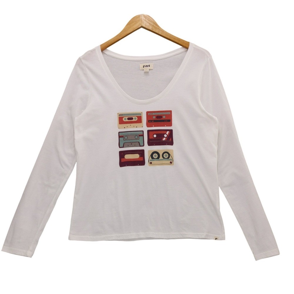Pact Womens White Organic Cotton Cassette Tape Graphic Long Sleeve Tee Size M