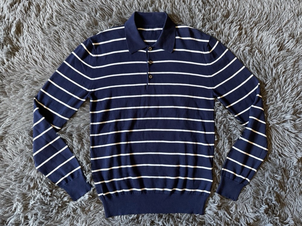 Ralph Lauren Purple Label Small Striped Cotton Polo Collar Sweater (Read)