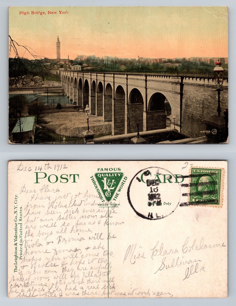 New York City NY, High Bridge Over Harlem River Arches Vintage c1912 Postcard