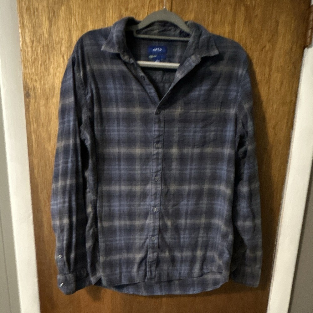 APT.9 Men's Premier Flex Plaid Cotton Button-Up Shirt Blue Gray Long Sleeve XL