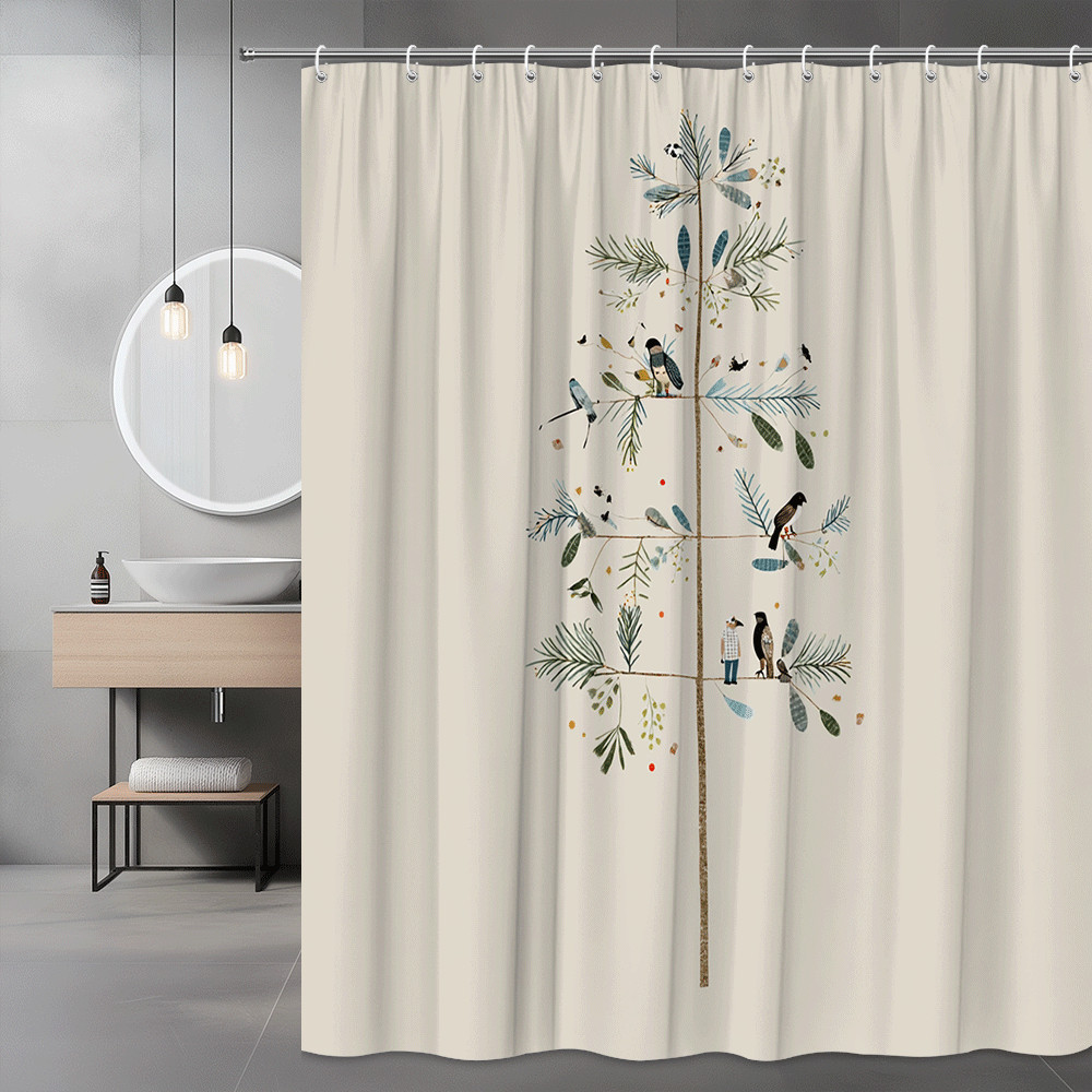 Bird Tree Shower Curtain, Botanical Branch Wall Art, Neutral Beige
