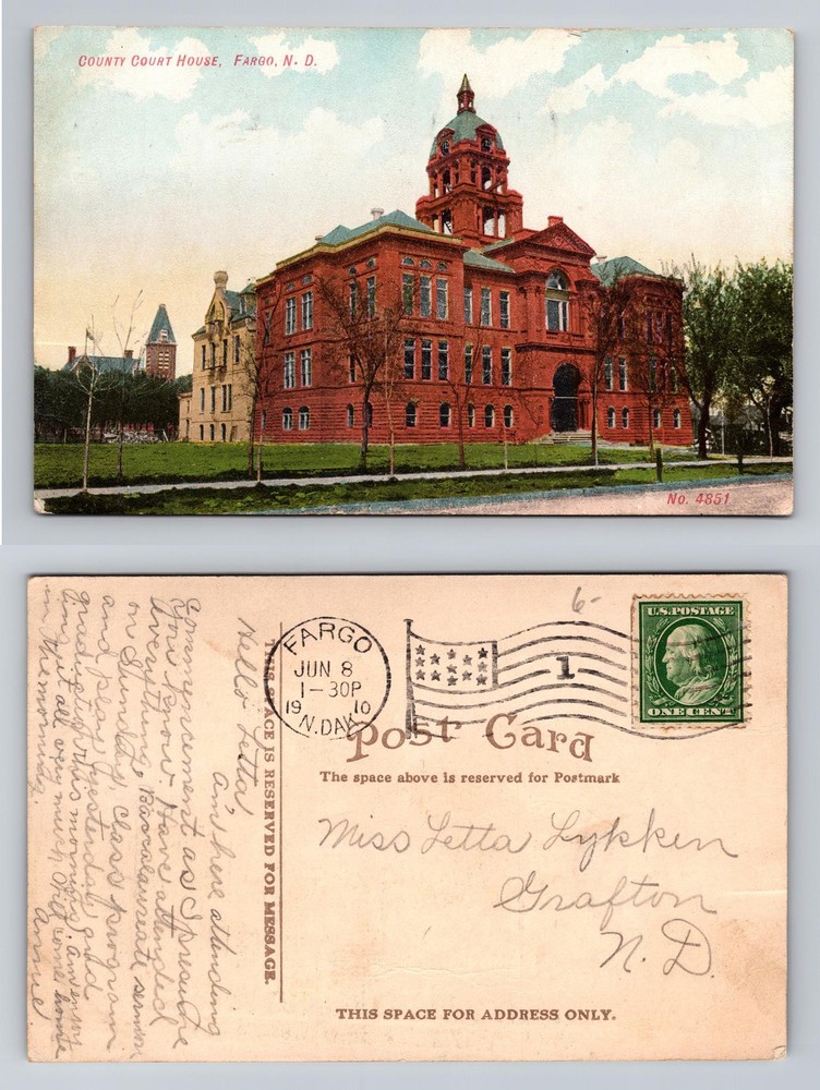 Fargo, ND-North Dakota, County Court House Brick Building Vintage c1910 Postcard