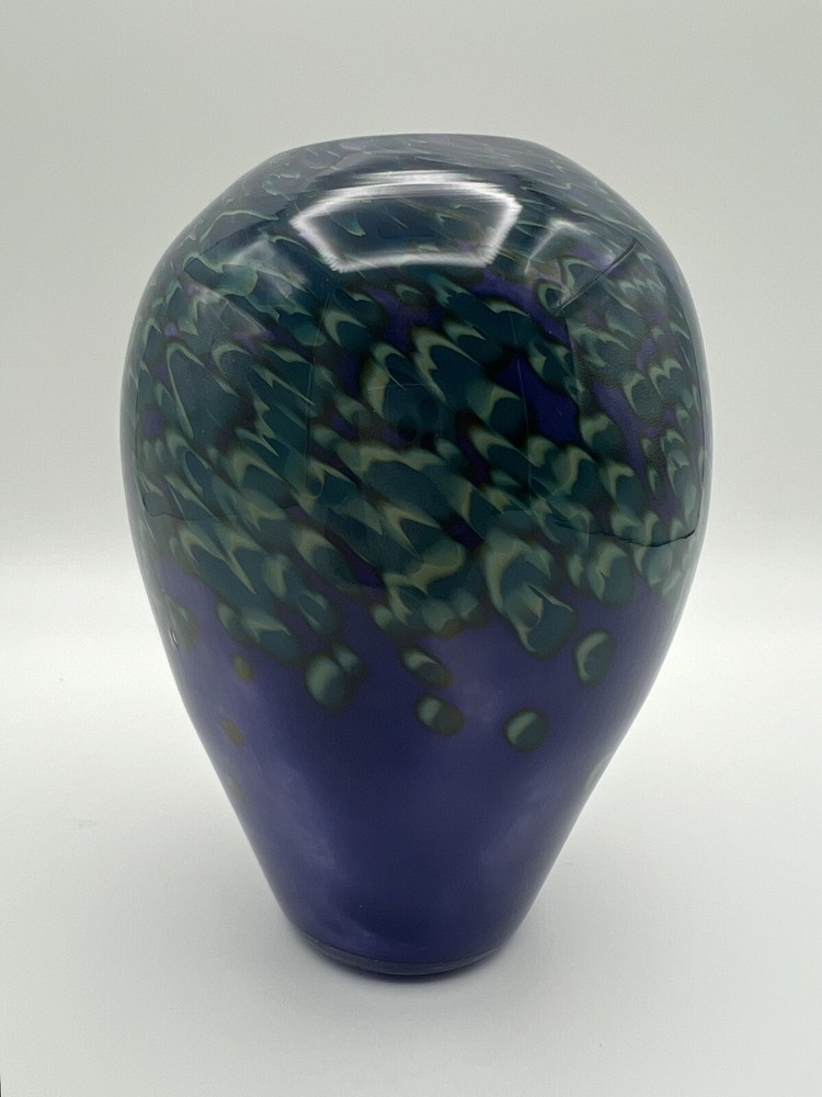 Hand Blown Purple Art Glass Vase with Green & Blue Confetti Swirl 6” Signed