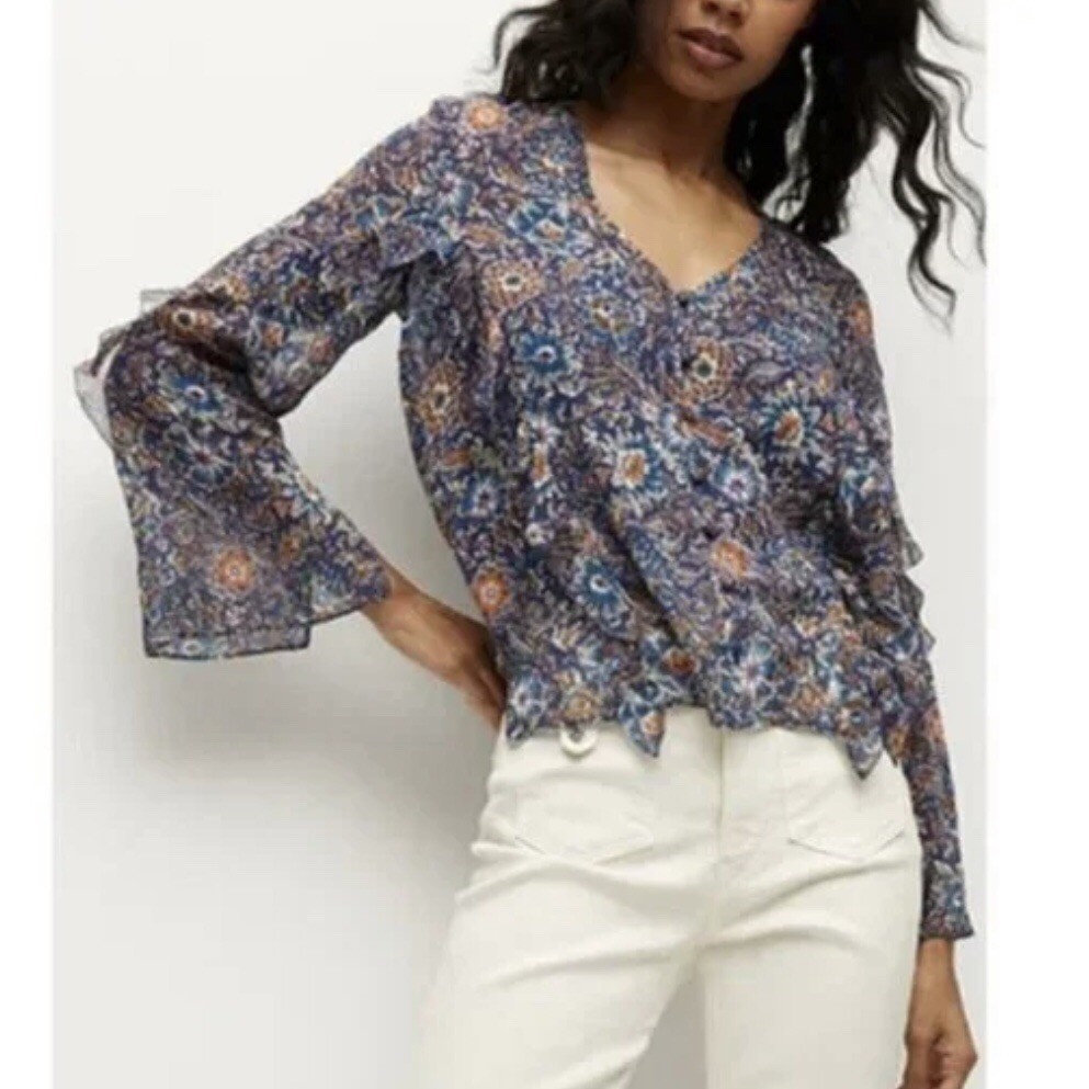 Veronica Beard Blanchett silk Floral Blue ruffle Women's Top size 2 boho