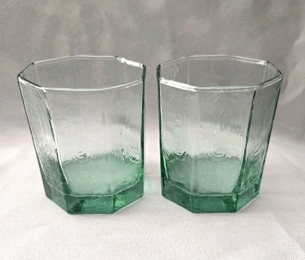 Set Of 2 Vtg Libbey Glass Facets Green Old Fashioned Glasses 3 1/2