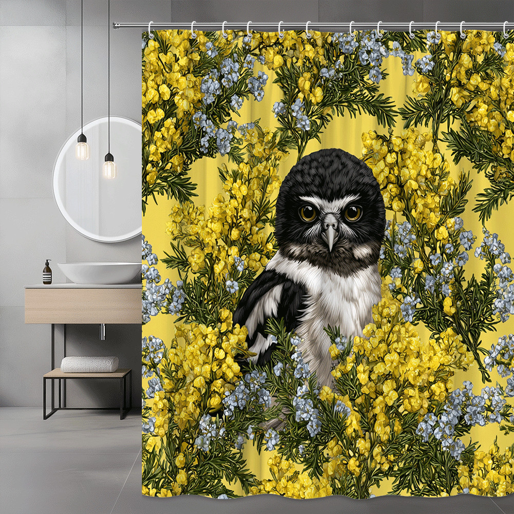 Bird Shower Curtain Yellow Floral Print Owl Design